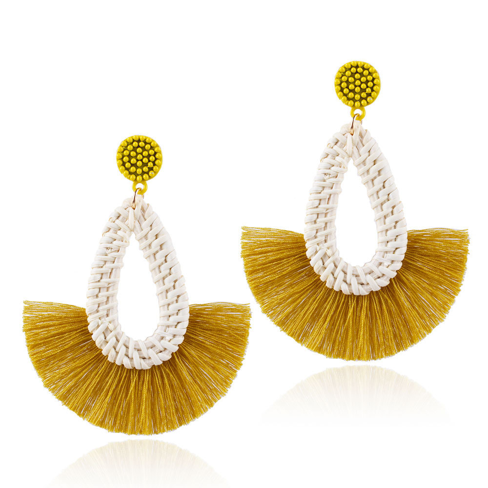 Tassel Earrings Rattan Fan Shape Handmade Drop Dangle Stud Wicker Bohemian Thread Lightweight Weave Straw Set for Women Girls