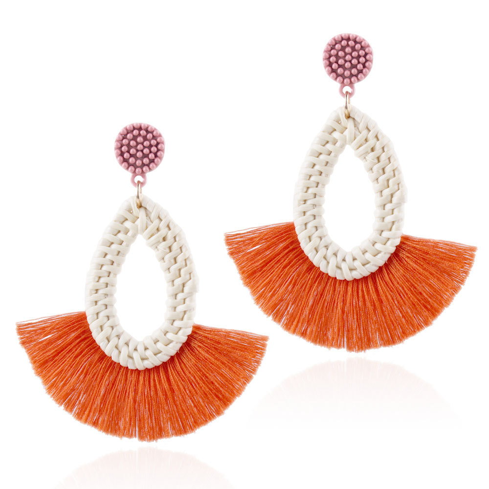 Tassel Earrings Rattan Fan Shape Handmade Drop Dangle Stud Wicker Bohemian Thread Lightweight Weave Straw Set for Women Girls