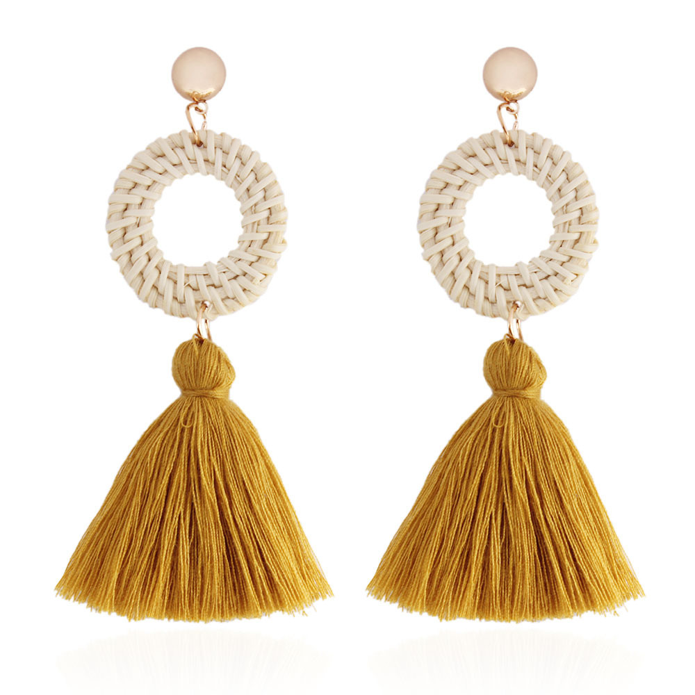 Tassel Earrings Rattan Fan Shape Handmade Drop Dangle Stud Wicker Bohemian Thread Lightweight Weave Straw Set for Women Girls