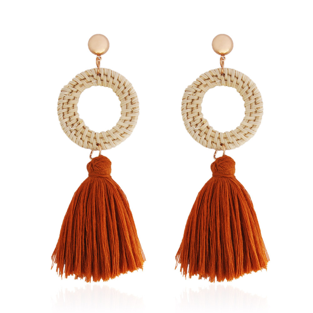Tassel Earrings Rattan Fan Shape Handmade Drop Dangle Stud Wicker Bohemian Thread Lightweight Weave Straw Set for Women Girls