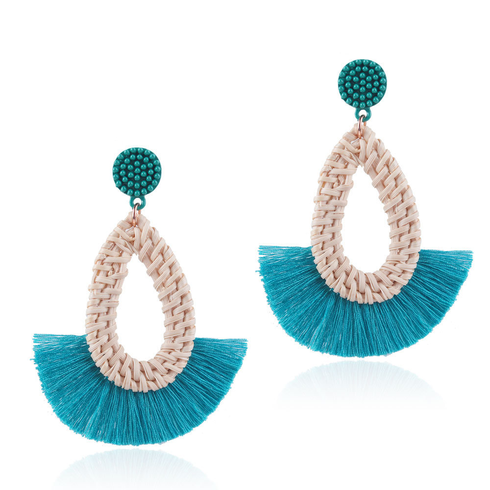 Tassel Earrings Rattan Fan Shape Handmade Drop Dangle Stud Wicker Bohemian Thread Lightweight Weave Straw Set for Women Girls