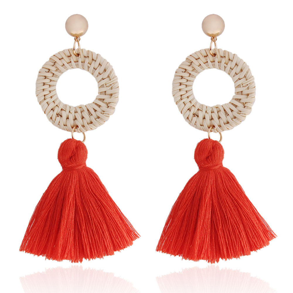 Tassel Earrings Rattan Fan Shape Handmade Drop Dangle Stud Wicker Bohemian Thread Lightweight Weave Straw Set for Women Girls
