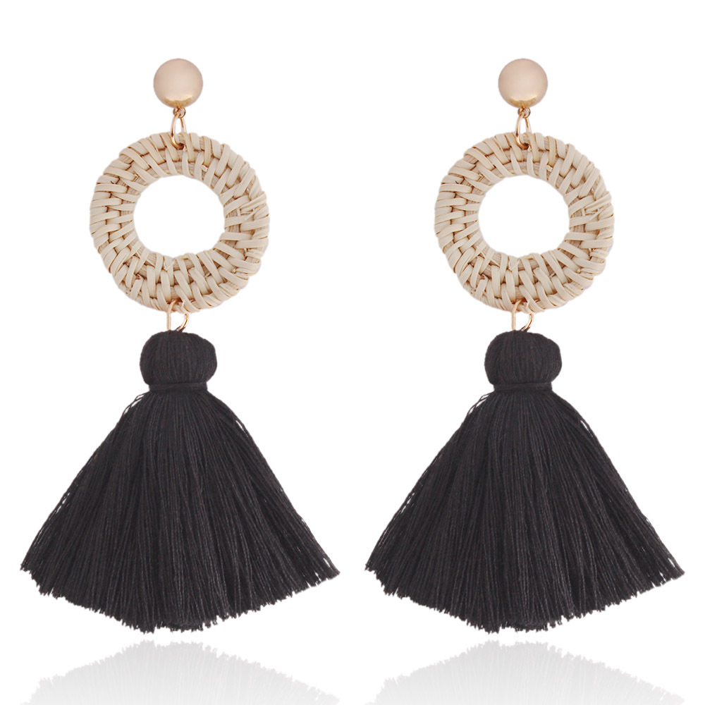 Tassel Earrings Rattan Fan Shape Handmade Drop Dangle Stud Wicker Bohemian Thread Lightweight Weave Straw Set for Women Girls