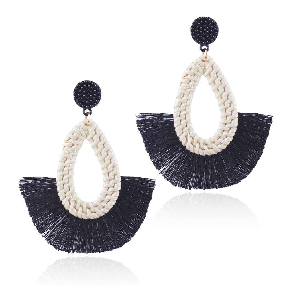 Tassel Earrings Rattan Fan Shape Handmade Drop Dangle Stud Wicker Bohemian Thread Lightweight Weave Straw Set for Women Girls