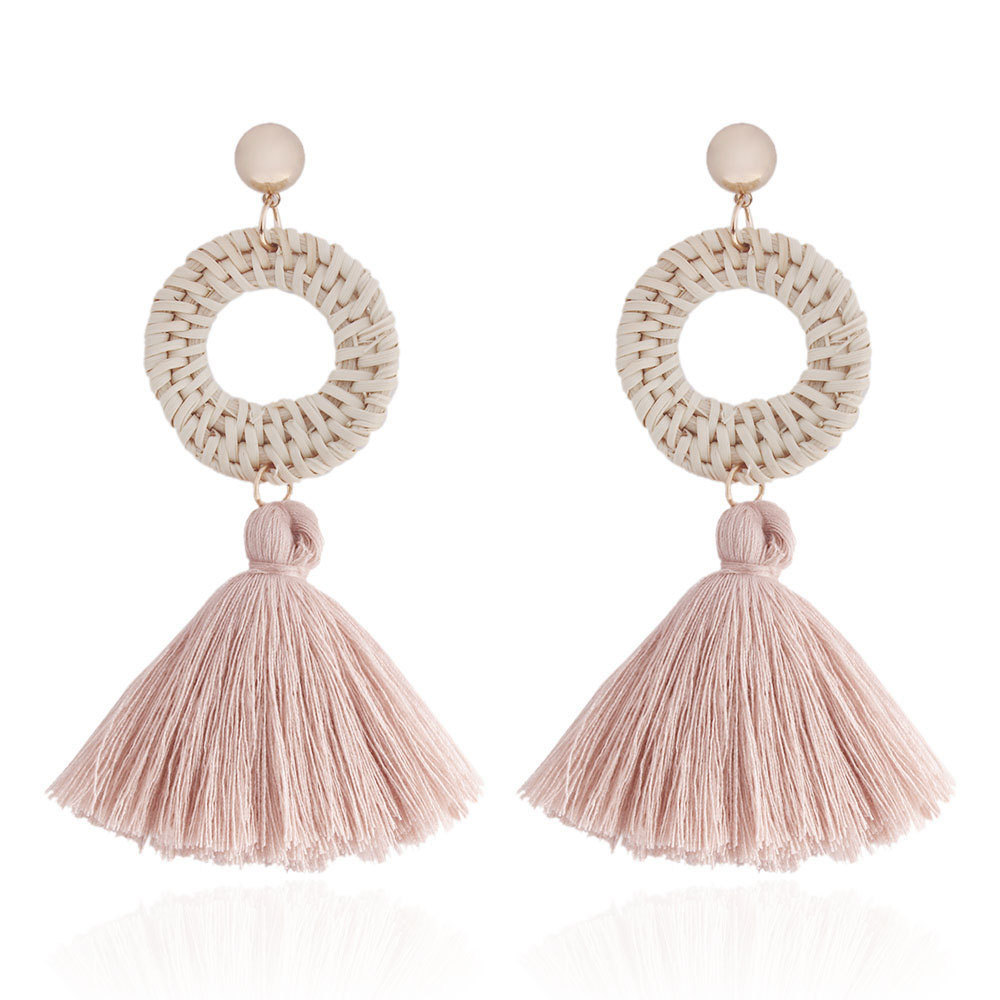 Tassel Earrings Rattan Fan Shape Handmade Drop Dangle Stud Wicker Bohemian Thread Lightweight Weave Straw Set for Women Girls