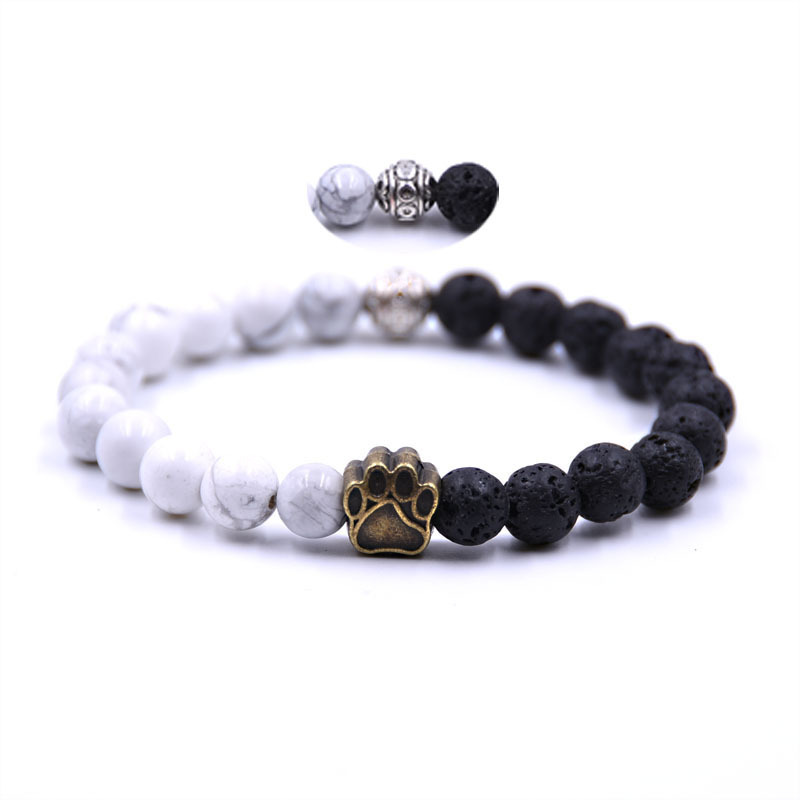 Black White Stone Bear's Paw Bracelet Howlite and Lava Stone Bangle