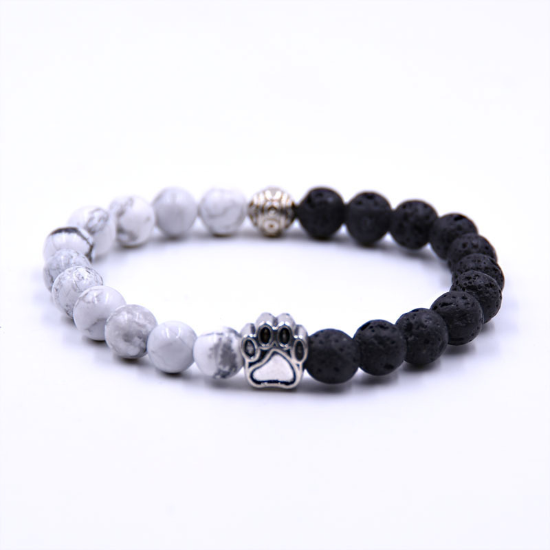 Black White Stone Bear's Paw Bracelet Howlite and Lava Stone Bangle