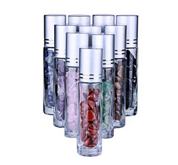 Gems Mini Clear Glass 10 ml Roller Balls for Essential Oils - Small Glass Roller Bottles with Decorative Tops & Tumbled Gemstone Chips Inside