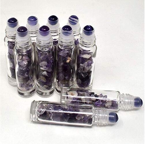 Gems Mini Clear Glass 10 ml Roller Balls for Essential Oils - Small Glass Roller Bottles with Decorative Tops & Tumbled Gemstone Chips Inside