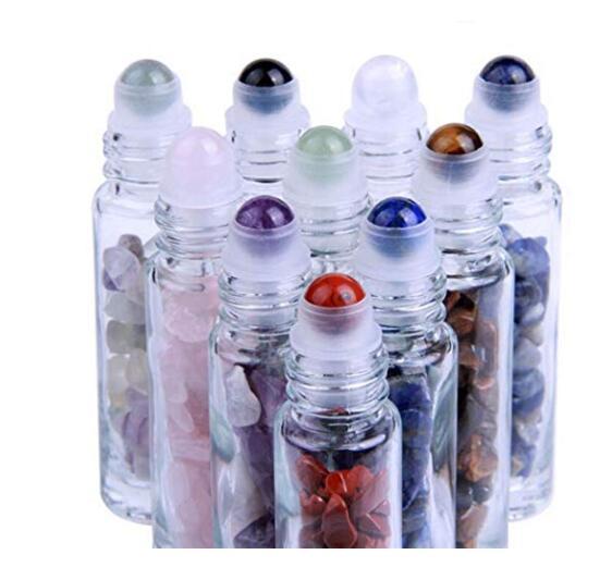 Gems Mini Clear Glass 10 ml Roller Balls for Essential Oils - Small Glass Roller Bottles with Decorative Tops & Tumbled Gemstone Chips Inside