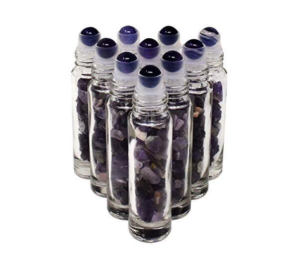 Gems Mini Clear Glass 10 ml Roller Balls for Essential Oils - Small Glass Roller Bottles with Decorative Tops & Tumbled Gemstone Chips Inside