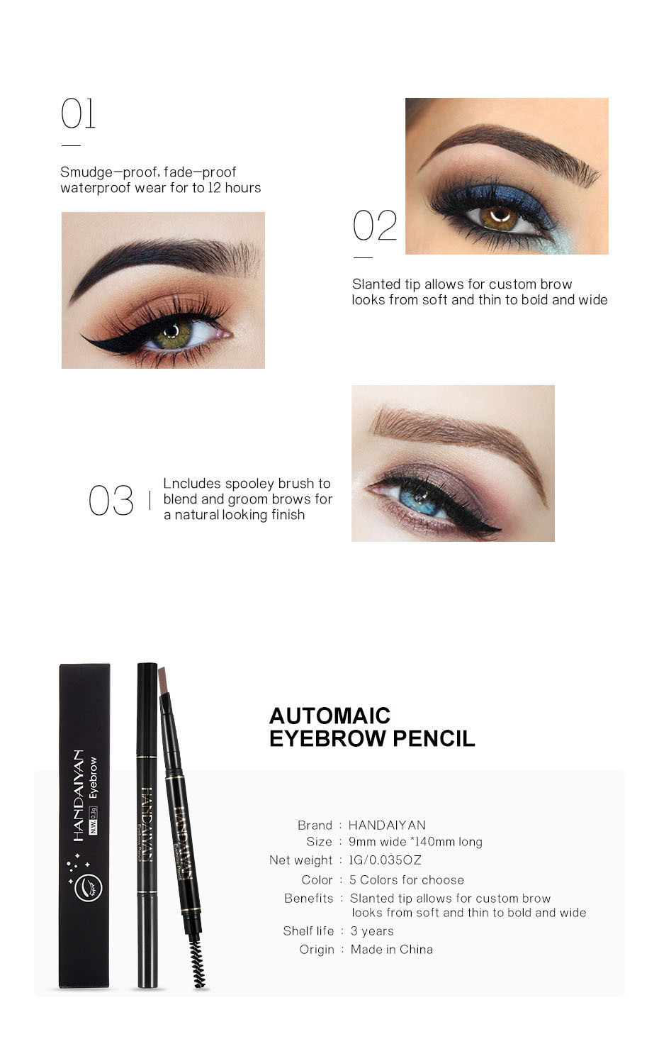 Eyebrow Pencil  Waterproof Smudge-proof Brow Pencil with Brow Brush, Automatic Eye Brow Makeup by SEILANC, Dark Brown