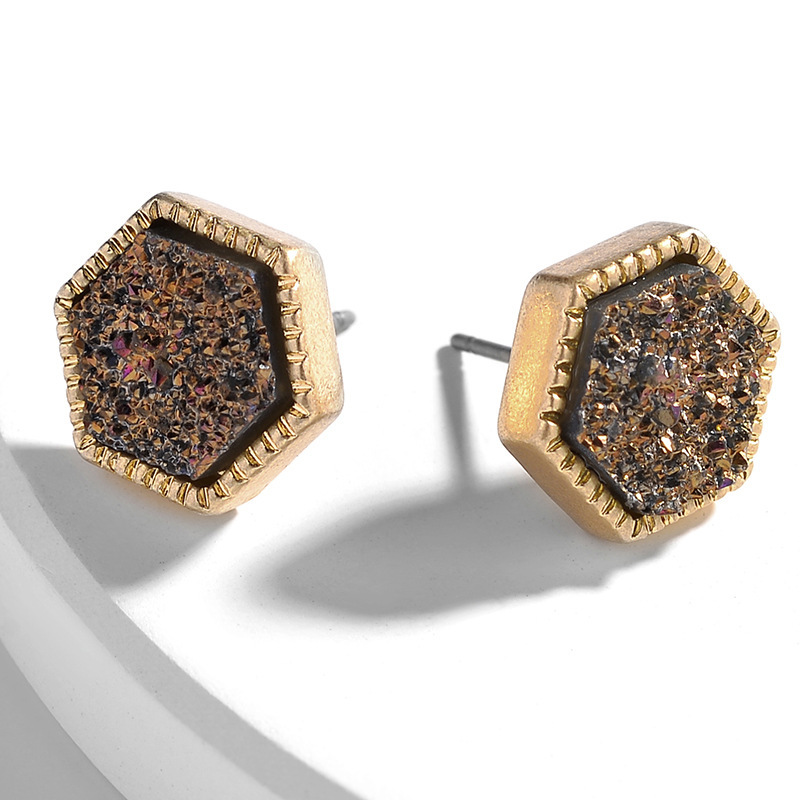 Pretty Cute Druzy Crystal hexagon Prism Stud Earrings Set for Women Girl Fashion Delicate Pierced Jewelry