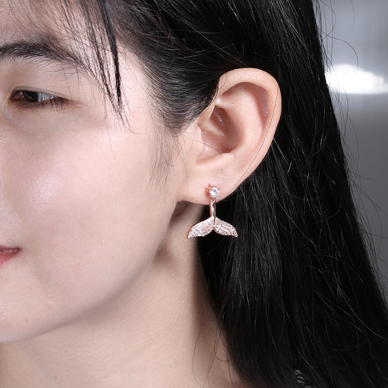 Fish Mermaid Tail Stud Earrings Hypoallergenic Zircon Tipped Dolphin Nickel Free diamond Special for Women Girls