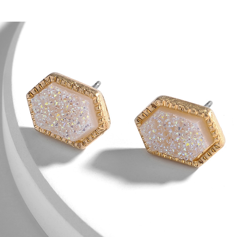 Pretty Cute Druzy Crystal hexagon Prism Stud Earrings Set for Women Girl Fashion Delicate Pierced Jewelry