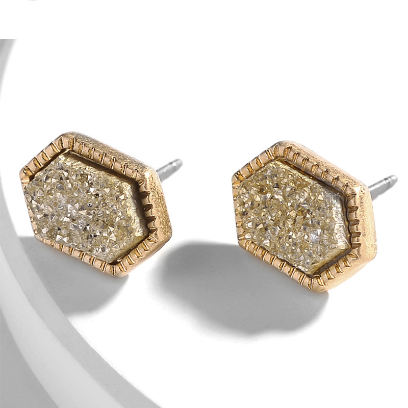 Pretty Cute Druzy Crystal hexagon Prism Stud Earrings Set for Women Girl Fashion Delicate Pierced Jewelry