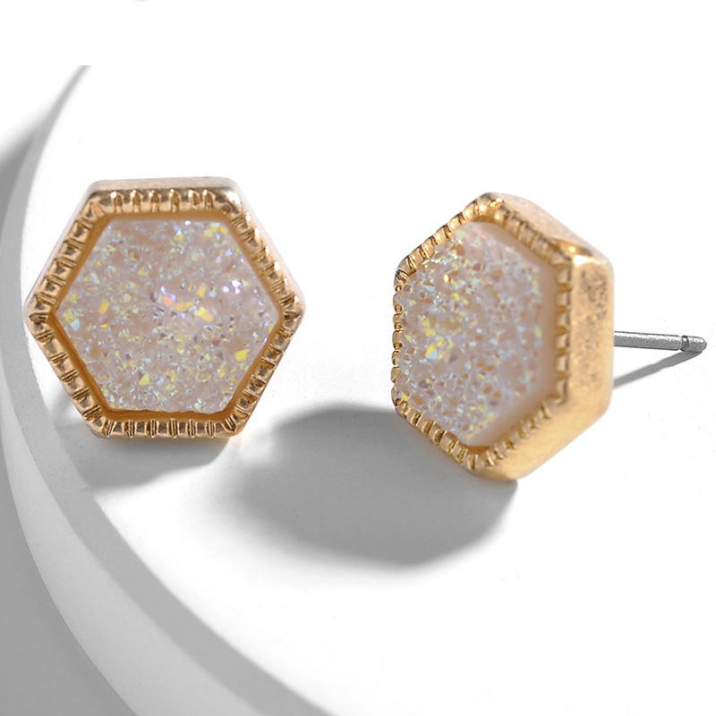 Pretty Cute Druzy Crystal hexagon Prism Stud Earrings Set for Women Girl Fashion Delicate Pierced Jewelry