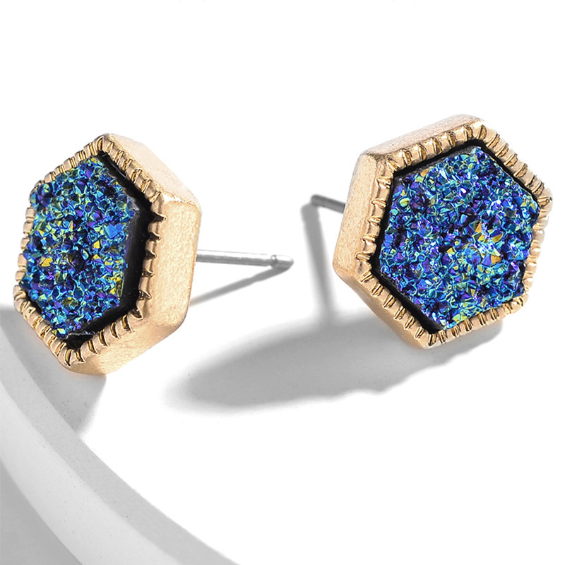 Pretty Cute Druzy Crystal hexagon Prism Stud Earrings Set for Women Girl Fashion Delicate Pierced Jewelry