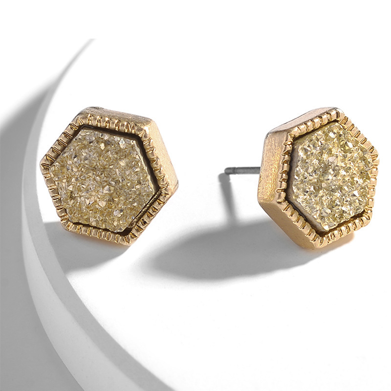 Pretty Cute Druzy Crystal hexagon Prism Stud Earrings Set for Women Girl Fashion Delicate Pierced Jewelry