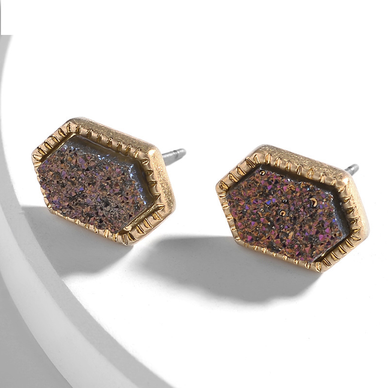 Pretty Cute Druzy Crystal hexagon Prism Stud Earrings Set for Women Girl Fashion Delicate Pierced Jewelry