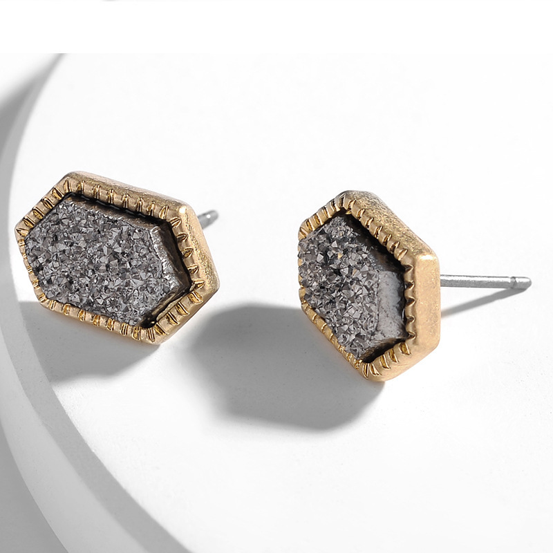 Pretty Cute Druzy Crystal hexagon Prism Stud Earrings Set for Women Girl Fashion Delicate Pierced Jewelry