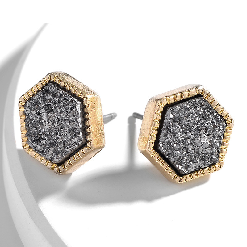 Pretty Cute Druzy Crystal hexagon Prism Stud Earrings Set for Women Girl Fashion Delicate Pierced Jewelry