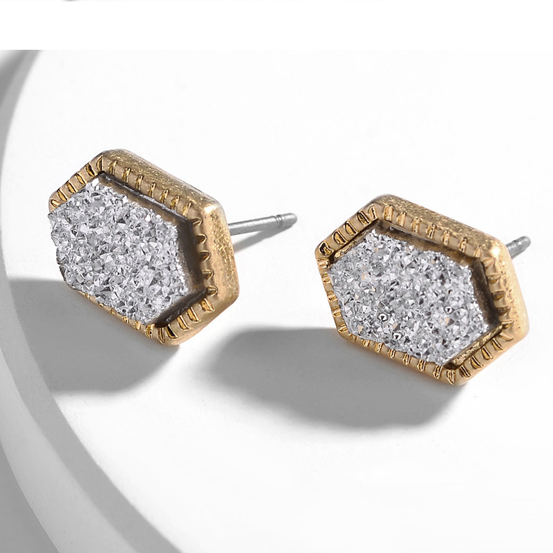 Pretty Cute Druzy Crystal hexagon Prism Stud Earrings Set for Women Girl Fashion Delicate Pierced Jewelry
