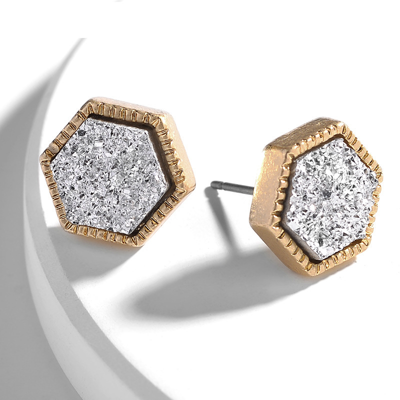 Pretty Cute Druzy Crystal hexagon Prism Stud Earrings Set for Women Girl Fashion Delicate Pierced Jewelry