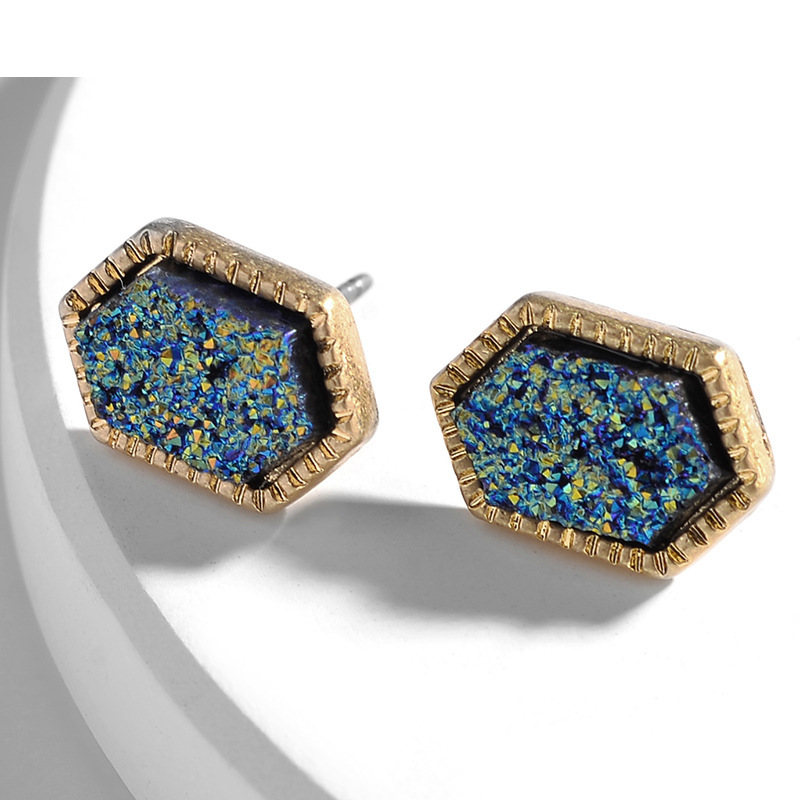 Pretty Cute Druzy Crystal hexagon Prism Stud Earrings Set for Women Girl Fashion Delicate Pierced Jewelry