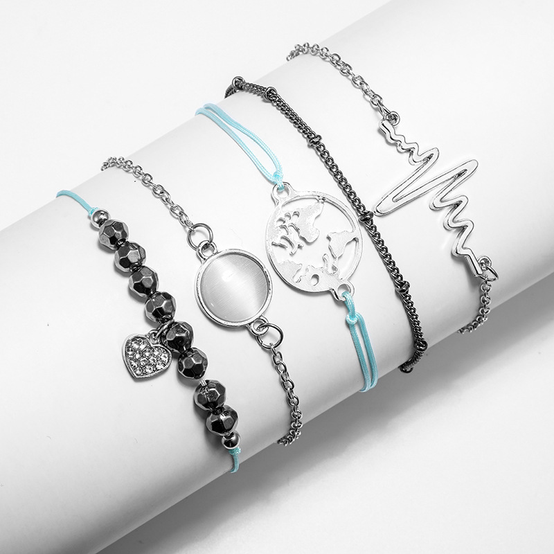 Women's Fashion Multilayer Hollow Circle Flower Lotus Faux Gem Chain Bracelet