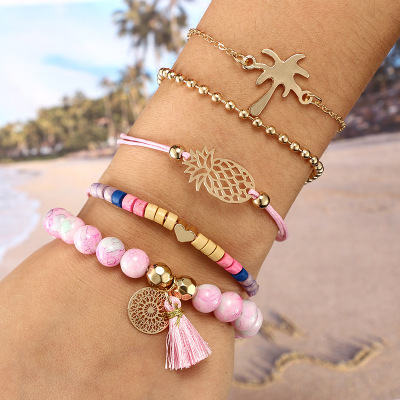 Women's Fashion Multilayer Hollow Circle Flower Lotus Faux Gem Chain Bracelet
