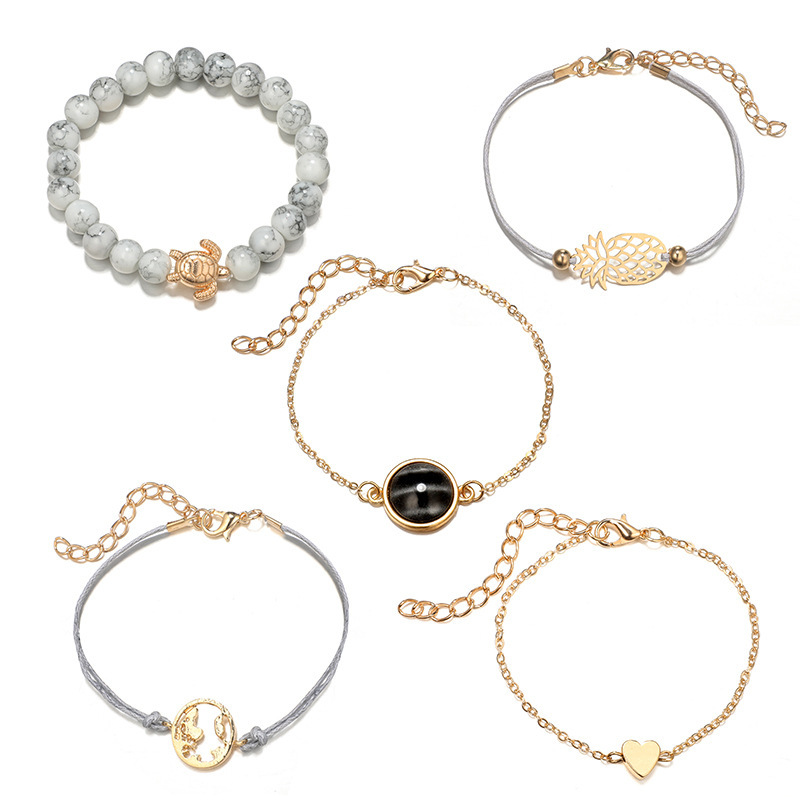 Women's Fashion Multilayer Hollow Circle Flower Lotus Faux Gem Chain Bracelet