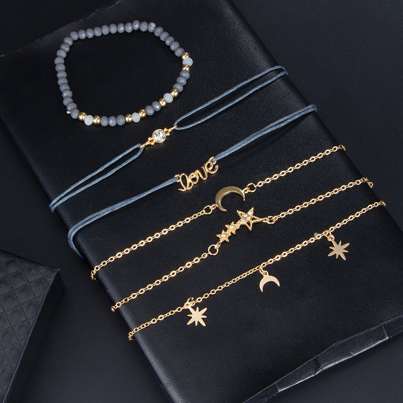6pcs/Set Love Pentagram Moon Star Bracelets Women Bling Crystal Earth Beads Anklets Summer Jewelry Set