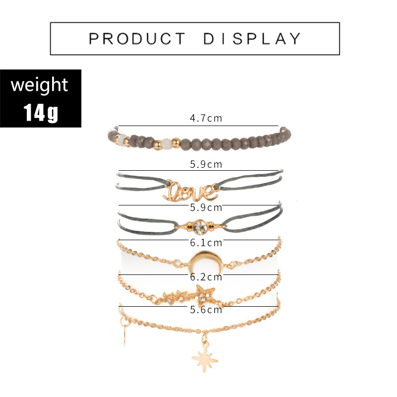 6pcs/Set Love Pentagram Moon Star Bracelets Women Bling Crystal Earth Beads Anklets Summer Jewelry Set