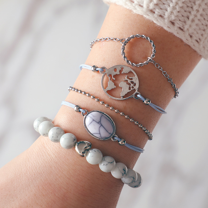 Women's Fashion Multilayer Hollow Circle Flower Lotus Faux Gem Chain Bracelet