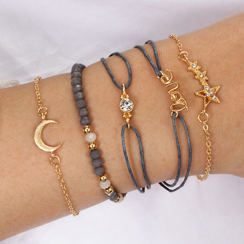 5pcs/Set Love Pentagram Moon Star Bracelets Women Bling Crystal Earth Beads Anklets Summer Jewelry Set