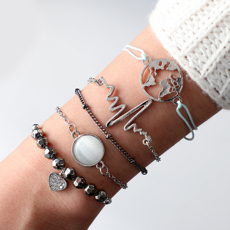 Women's Fashion Multilayer Hollow Circle Flower Lotus Faux Gem Chain Bracelet