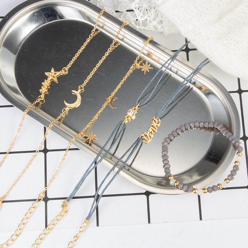 5pcs/Set Love Pentagram Moon Star Bracelets Women Bling Crystal Earth Beads Anklets Summer Jewelry Set