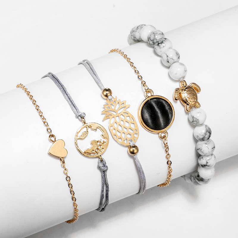 Women's Fashion Multilayer Hollow Circle Flower Lotus Faux Gem Chain Bracelet