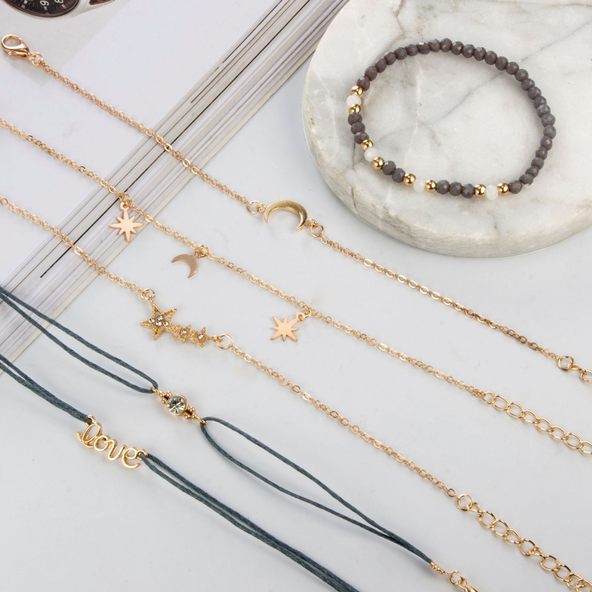 6pcs/Set Love Pentagram Moon Star Bracelets Women Bling Crystal Earth Beads Anklets Summer Jewelry Set