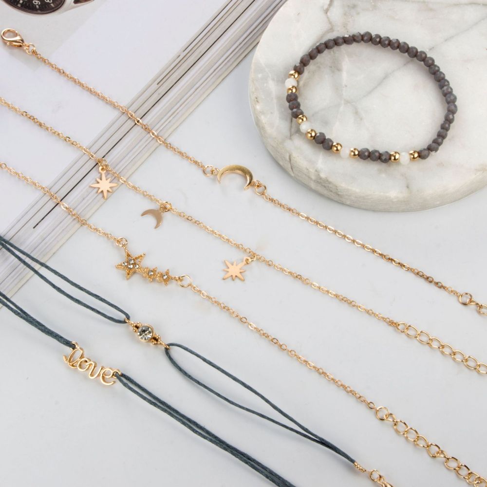 6pcs/Set Love Pentagram Moon Star Bracelets Women Bling Crystal Earth Beads Anklets Summer Jewelry Set