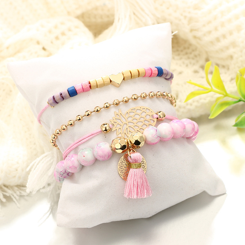 Women's Fashion Multilayer Hollow Circle Flower Lotus Faux Gem Chain Bracelet