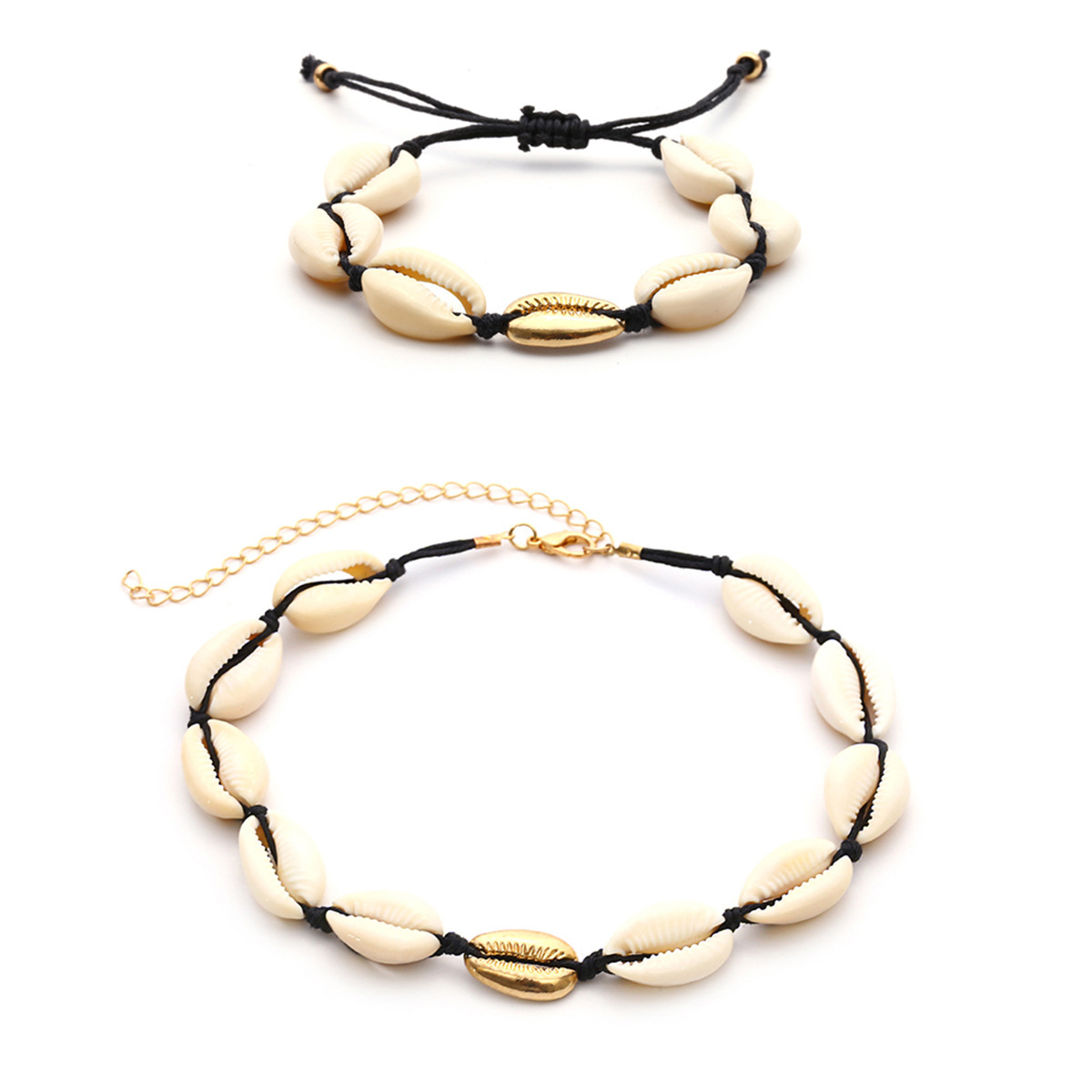 Natural Cowrie Shell Choker Necklace Gold-Plated Sea Shell Necklace Adjustable Cowry Charms Gilded Beaded Cord Rope Hemp Necklace Handmade Boho Beach