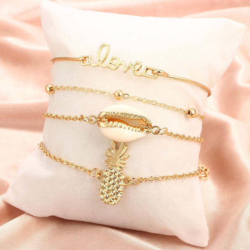 Women's Fashion Multilayer Hollow Circle Flower Lotus Faux Gem Chain Bracelet