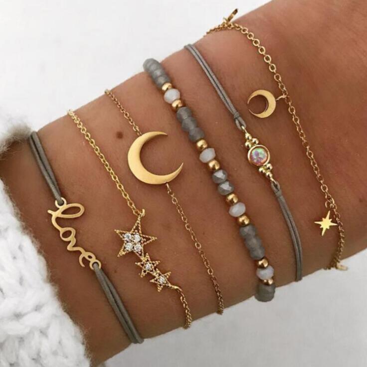 6pcs/Set Love Pentagram Moon Star Bracelets Women Bling Crystal Earth Beads Anklets Summer Jewelry Set