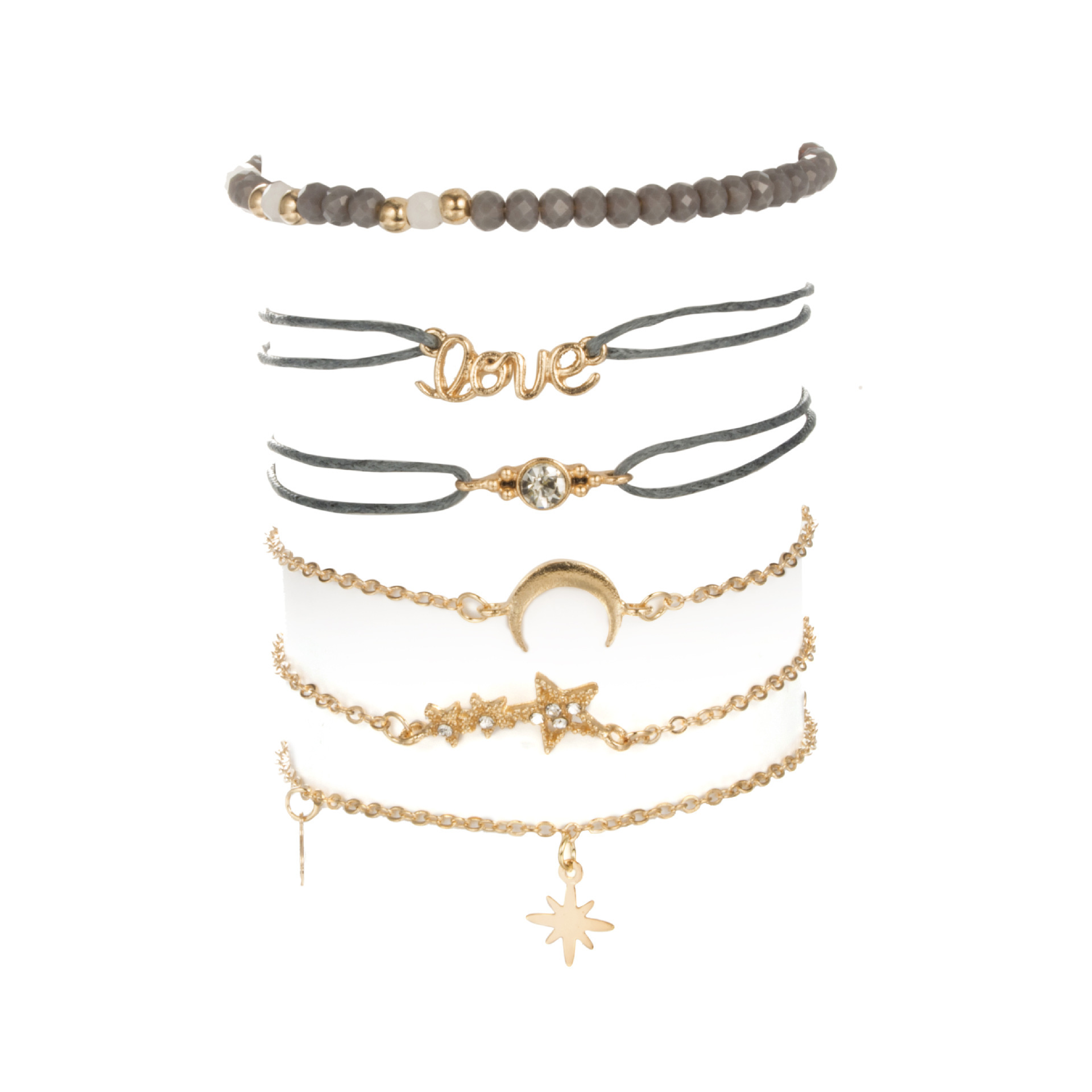 5pcs/Set Love Pentagram Moon Star Bracelets Women Bling Crystal Earth Beads Anklets Summer Jewelry Set