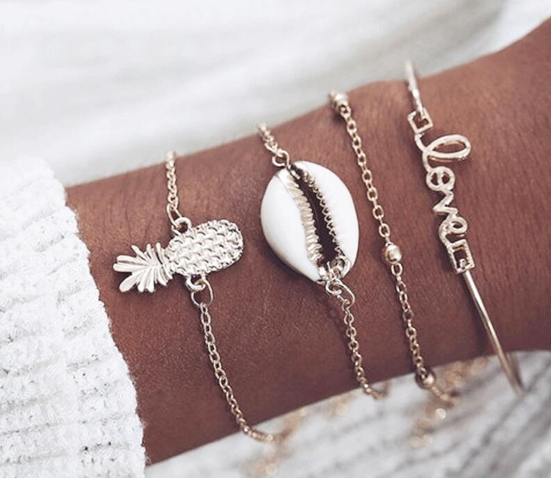 Women's Fashion Multilayer Hollow Circle Flower Lotus Faux Gem Chain Bracelet