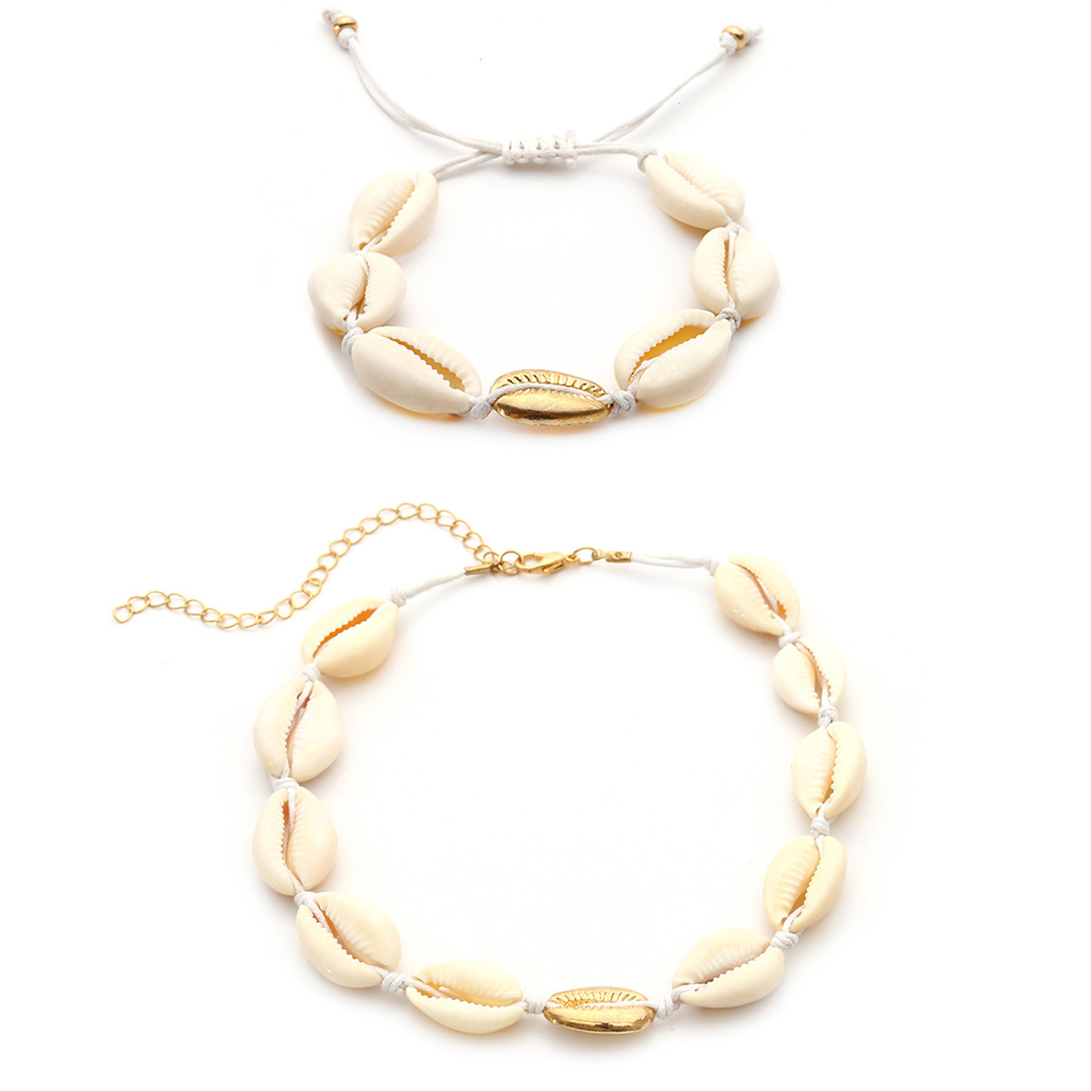 Natural Cowrie Shell Choker Necklace Gold-Plated Sea Shell Necklace Adjustable Cowry Charms Gilded Beaded Cord Rope Hemp Necklace Handmade Boho Beach