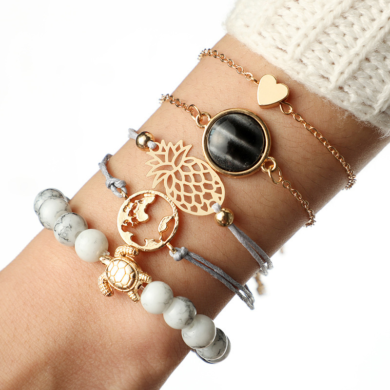 Women's Fashion Multilayer Hollow Circle Flower Lotus Faux Gem Chain Bracelet