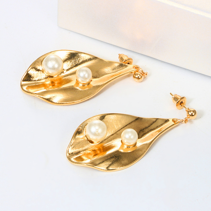 Metal Gold Geometric Irregular Circle Square Natural Imitation Pearl Stud Earrings for Women Girl Gift
